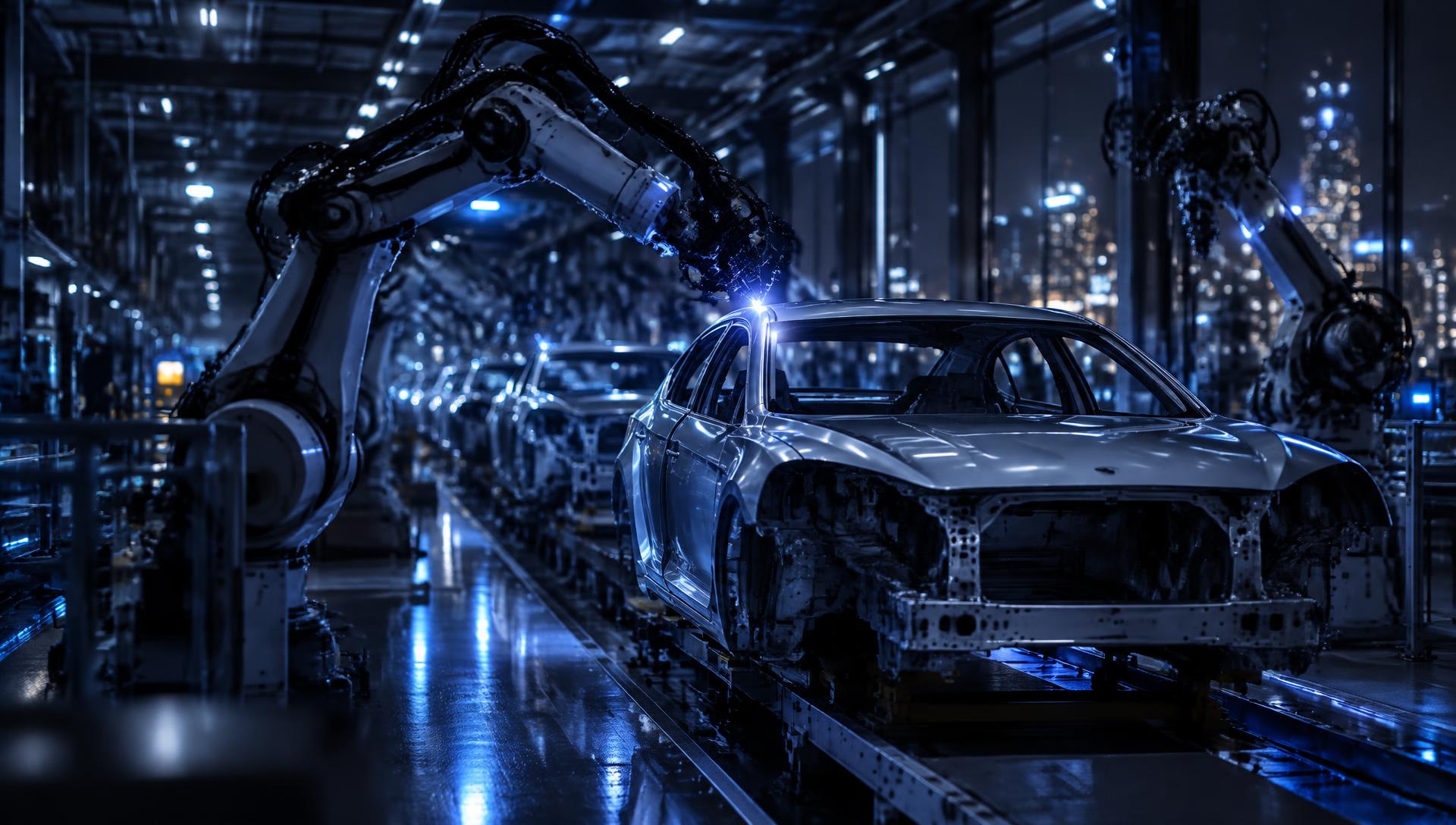 Línea de producción automatizada iluminada en azul