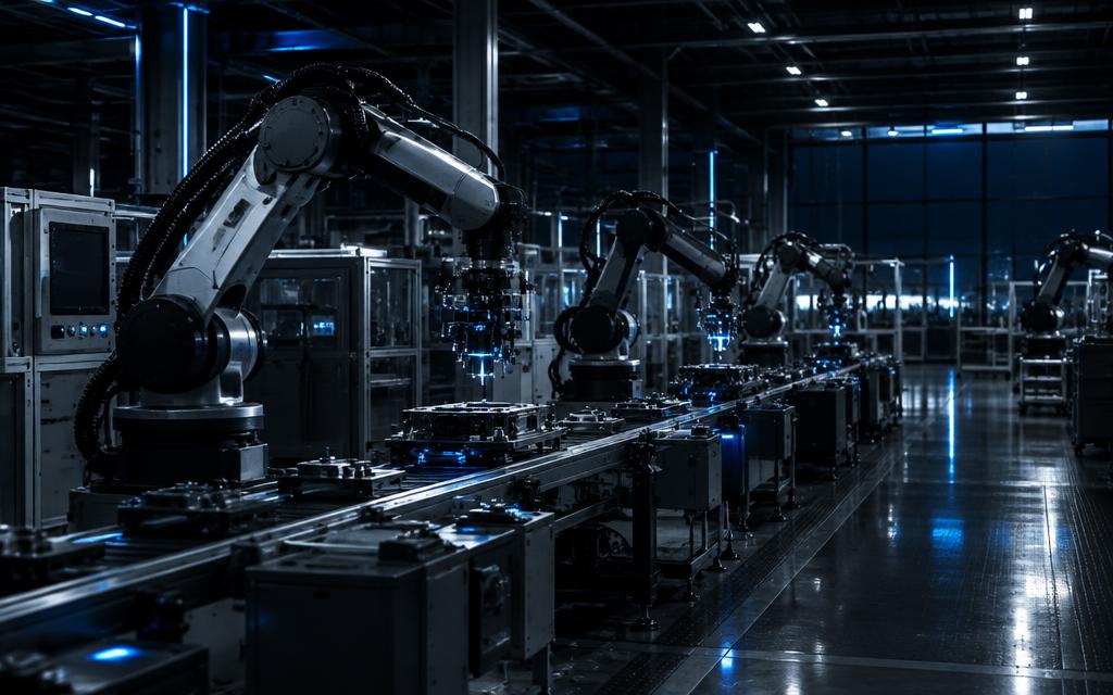 Línea de producción automatizada con brazos robóticos